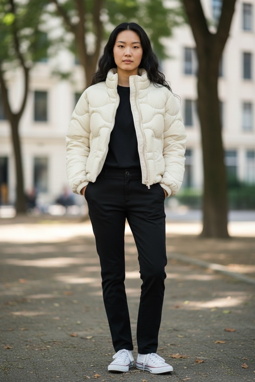 Gap Cream Wavy Quilted Puffer Jacket Size L NWT